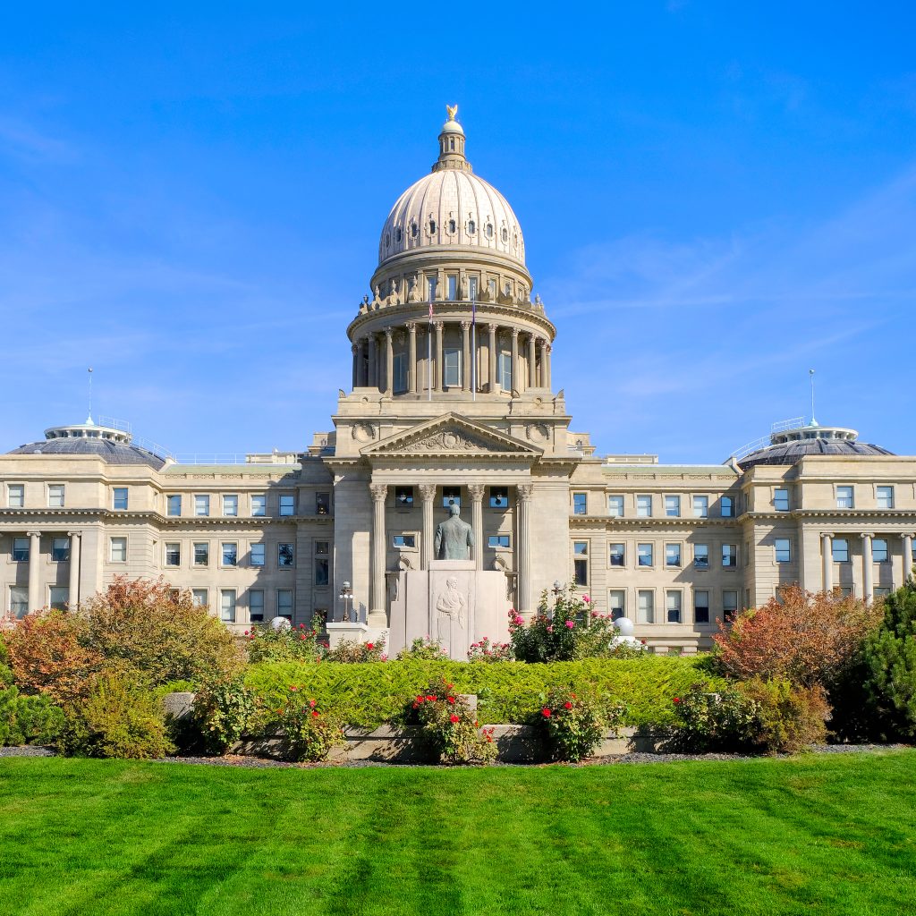 The Idaho Capitol Building on a bright, sunny day.